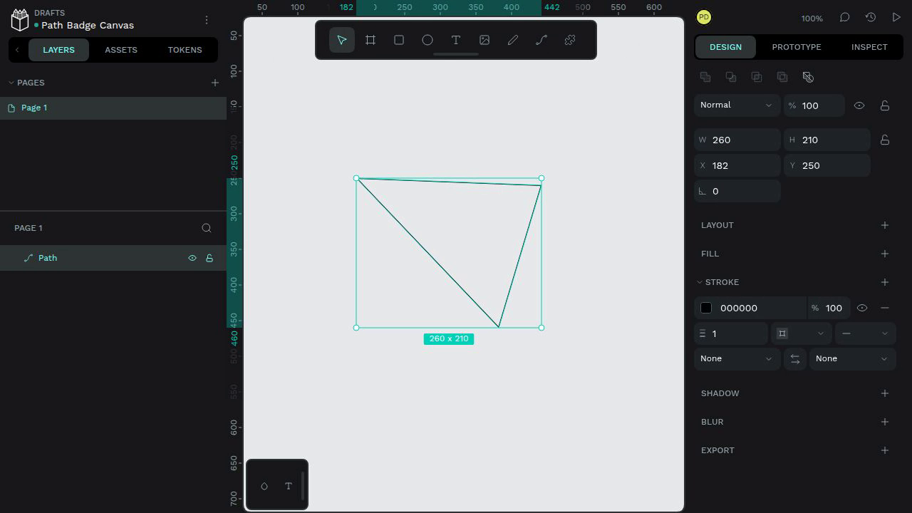 Draw and select a closed path to inspect its size badge after the reference repair