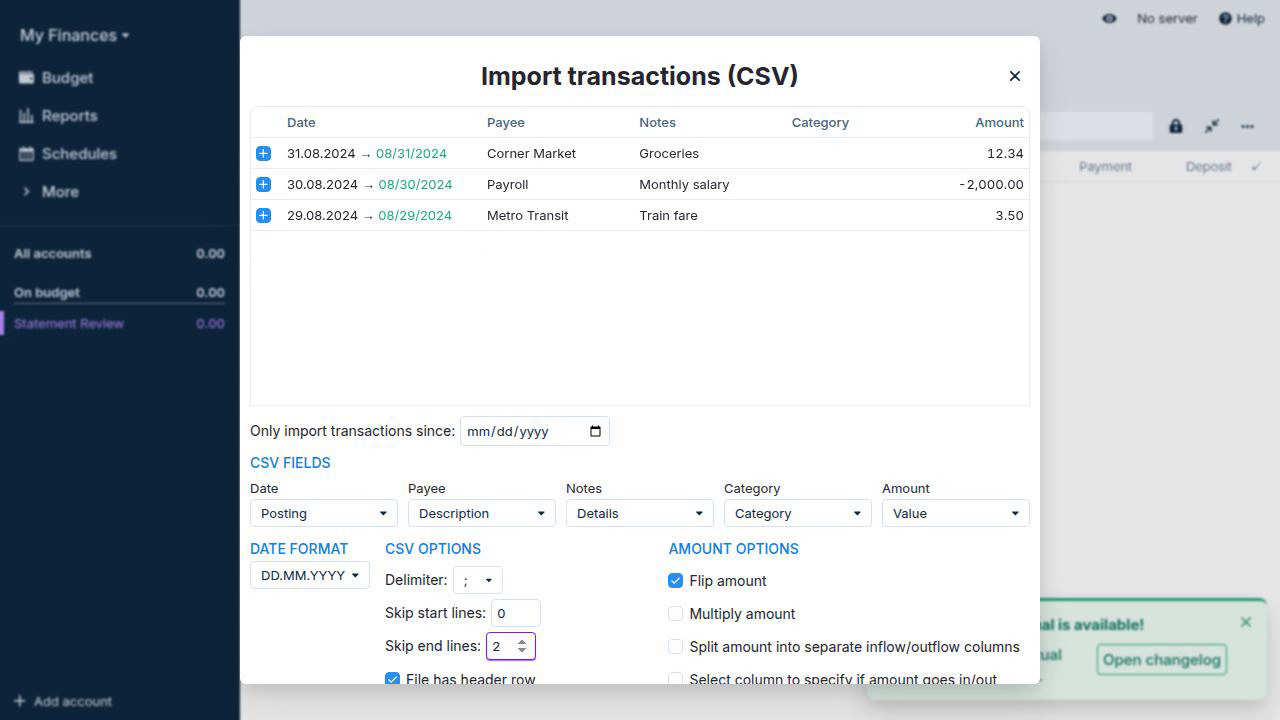 Import an account statement while skipping its trailing summary rows after the reference repair