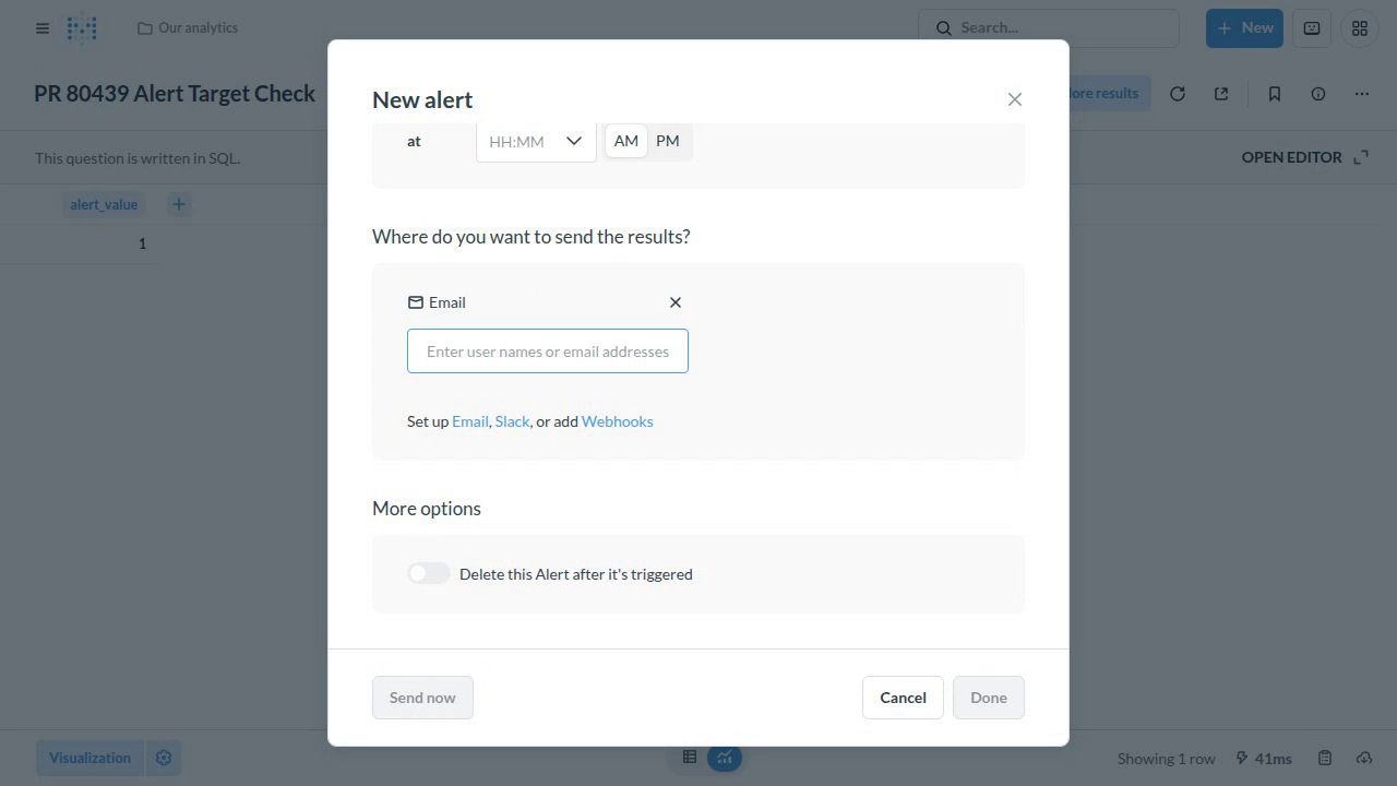 Remove the default email recipient while creating a question alert after the reference repair