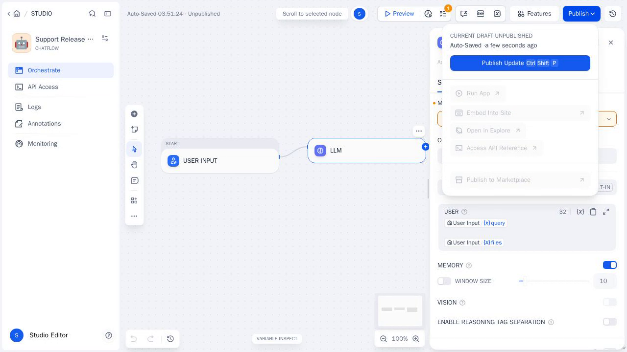 Use Features and Publish in Chatflow Studio after a publish toast closes after the reference repair