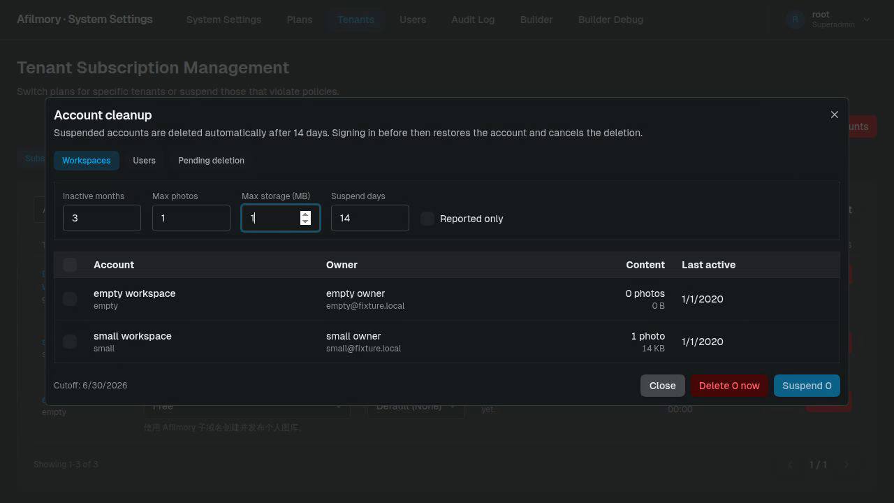 Compare storage in small and empty workspaces during account cleanup after the reference repair